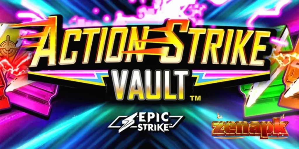 Tampilan visual futuristik dari slot Action Strike Vault dengan elemen neon dan kosmik.